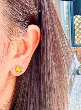 黄金包银耳钉女拉丝爱心方糖耳环高级轻奢设计感小众百搭新年礼物