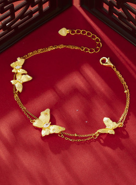 时尚双层拉丝蝴蝶手链s925纯银镀黄金色镶锆石爆闪亮蝴蝶女手饰品