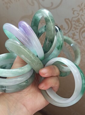 清仓处理天然翡翠ab货玉手镯巴山翠春带彩冰飘花白冰阳绿玉镯子女