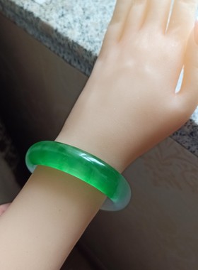 独龙玉手镯高冰种冰飘花翡翠色水润阳绿色半山半水玉镯子正圈女