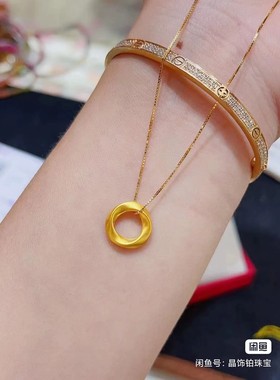 包金金包银首饰莫比乌斯环黄金色项链女平安扣小吊坠锁骨链礼物