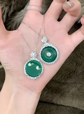 S925纯银首饰国风绿玉髓平安扣吊坠玉石冰种帝王绿色项链女翡翠色