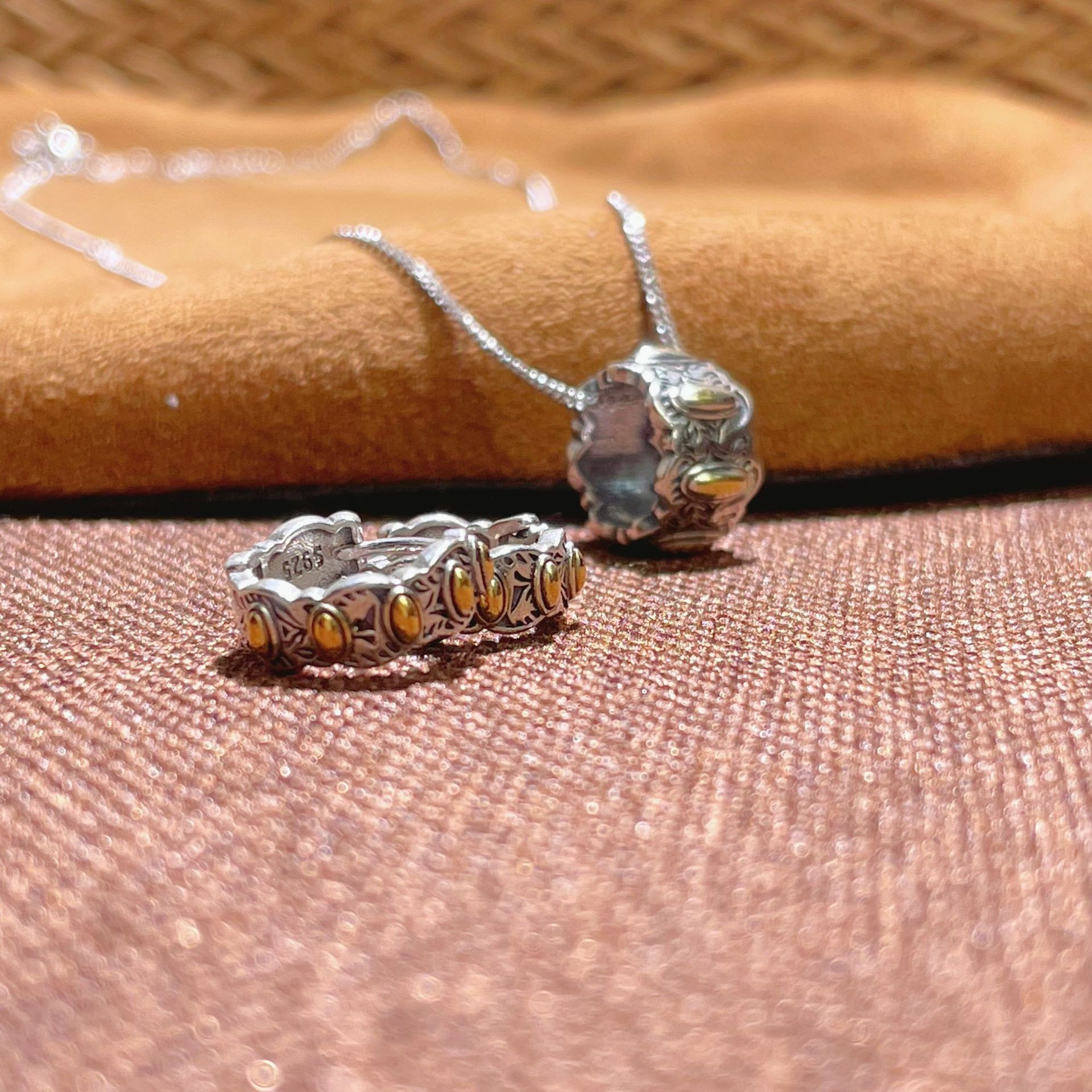 S925 sterling silver jewelry seven-grain rice necklace aged gold electroplated ring ring earrings clavicle chain three-piece set