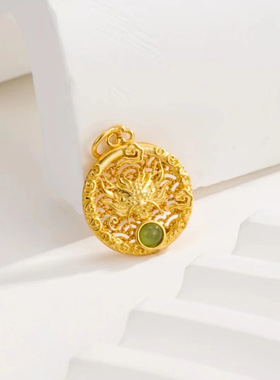 S925纯银镀黄金色福龙当头项链镶嵌和田玉碧玉吊坠龙版金龙生肖龙