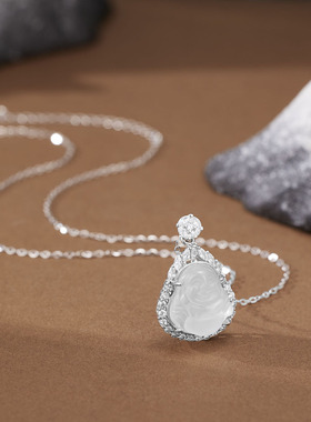 s925纯银新中式高冰种白玉髓大肚佛公吊坠项链女弥勒佛颈饰锁骨链