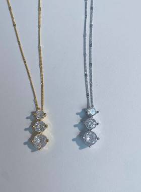 s925纯银镀黄金色新款三重奏吊坠项链镶钻爆闪三颗钻欧美风锁骨链