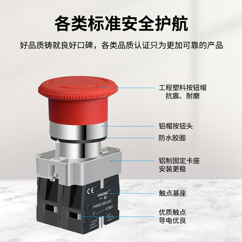 YHXB2-BS542C急停按钮开关22mm旋转复位紧急停止蘑菇旋钮急停开关 - 图1