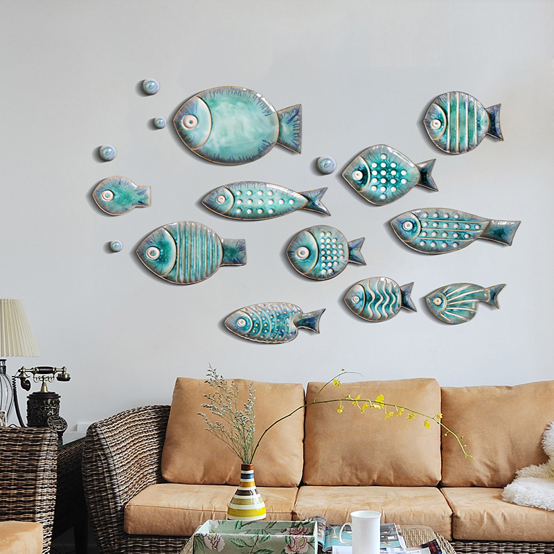 酒店样板房背景墙陶瓷鱼群创意立体墙饰壁饰挂件墙上装饰鱼壁挂 - 图1
