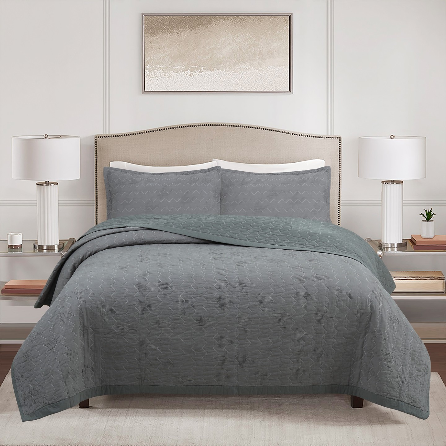 全棉华夫格素色双人床盖三件套绗缝夹棉床单双面空调被防滑轻奢,淘宝优惠券,粉丝福利购,淘宝优惠卷