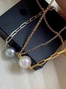 新款精工纯银AB链，流行ins风天然淡水珍珠，8-9m真多麻珍珠项链