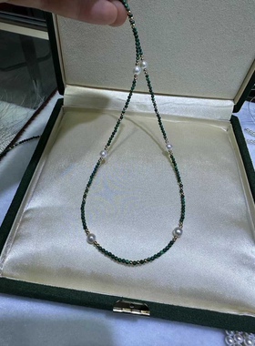 宫廷中国风项链，5-6m天然极光淡水珍珠，搭配天然孔雀石绿色项链