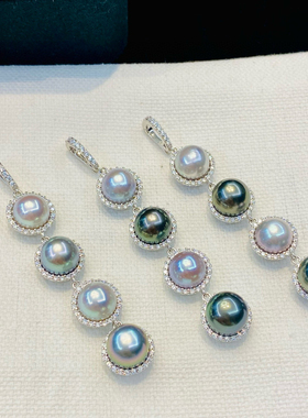 S925纯银万能扣天然珍珠吊坠，8-9mmakoya 真多麻+大溪地黑珍珠