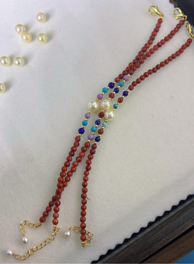天然羽皇金海水珍珠搭配天然南红绿松石紫云母，本命年红色手链