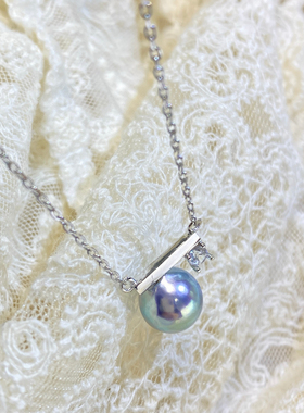 S925纯银平衡木海水珍珠项链，8-9mm天然无调色海水真多麻珍珠