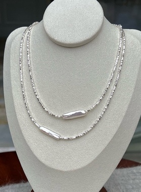 通体纯银碎银子小银条珍珠项链，天然强光小银条淡水巴洛克珍珠