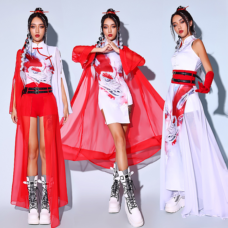 女团打歌服中国风爵士舞旗袍修身年会舞蹈演出服装红色国潮舞台装 - 图1