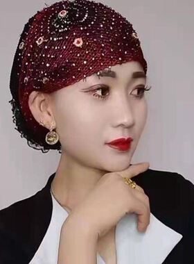 新款回族纱巾回民女士头巾帽时尚满天星妈妈包头帽方便盖头套头。