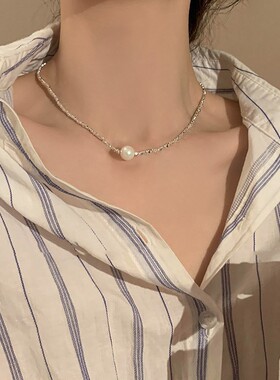 S999 足银碎银珍珠锁骨链女小众高级感韩系百搭潮流首饰