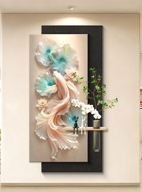 吉祥锦鲤荷花玄关装饰画现代高档轻奢带灯客厅玄关挂画立体艺术画