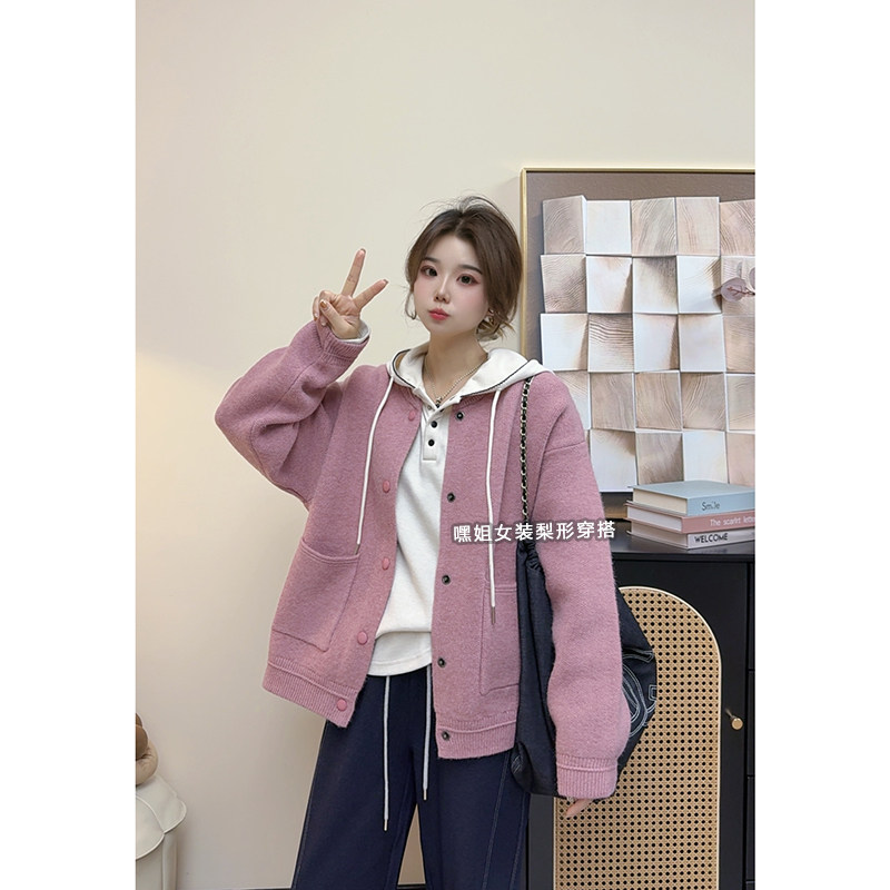花香肉桂】韩系慵懒风单排扣显瘦毛衣休闲百搭双口袋针织外套女秋 - 图0