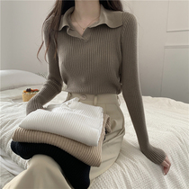 Pregnant Woman Stitch Cardiovert Autumn Winter New Nemesis Polo Collar Long Sleeve Elastic Tight Knit Cardiovert Woman Blouse Tide