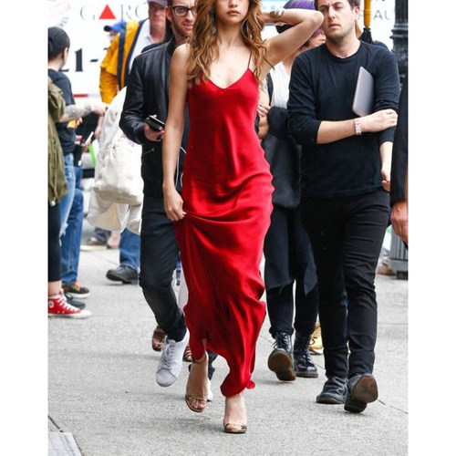 cicidream 春季新品精细高级100%真丝缎面 慵懒 吊带连衣长裙 - 图2