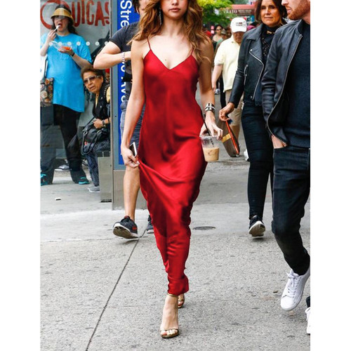 cicidream 春季新品精细高级100%真丝缎面 慵懒 吊带连衣长裙 - 图1