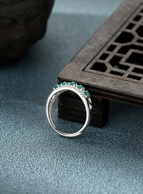 S925银五颗绿玉髓戒指中国风复古