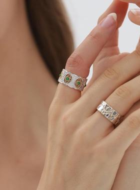 SOLDEVERANO蕃秀天然绿玉髓复古戒指宫廷风拉丝工艺中古指环套戒