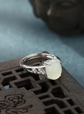 S925银国潮天然和田玉戒指女开口