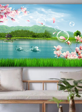 国画办公室瀑布客厅中式水墨山水风景招财装饰画迎客松背景墙挂画