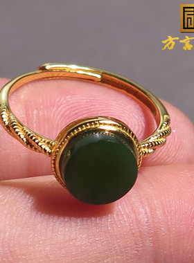 火爆方言品牌和田玉收藏级俄料菠菜绿碧玉925银镶可调正品戒指X7