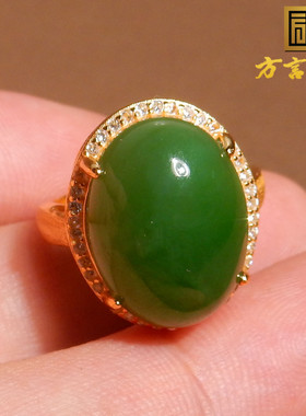特惠方言和田玉佩戴级巨漏俄罗斯阳绿碧玉老坑料925银镶玉戒指w2