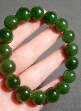 俄罗斯老料辣绿碧玉12mm圆珠手链