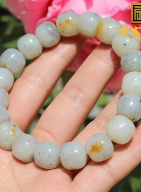 和田玉新疆黄沁皮白玉青花籽手串