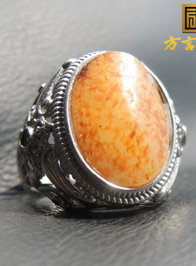 方言精品羊脂白玉银镶玉籽料戒指