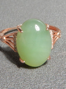 亮眼方言品牌和田玉精品俄罗斯老坑料温润粉绿可调节银镶玉戒指R5