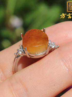 方言和田玉黄沁籽料原石银镶戒指
