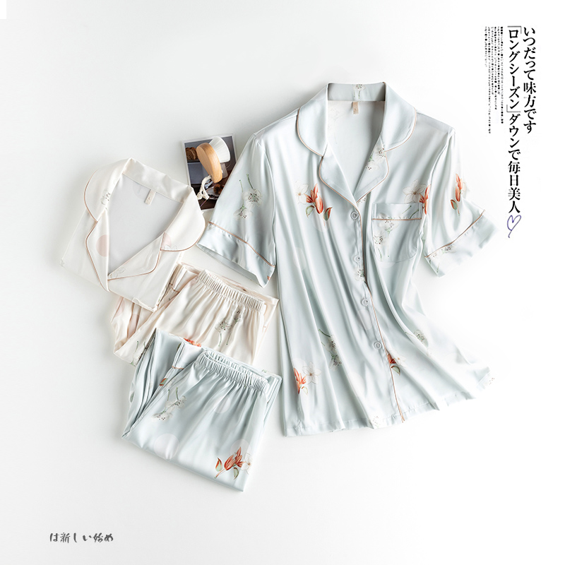 意芬旗舰店夏季冰丝睡衣女短袖长裤两件套薄款仿真丝绸春秋家居服休闲套装0
