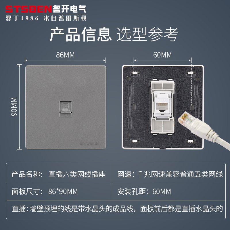 86型暗装双直通千兆网络网口面板CAT6直插水晶头六类网线电脑插座 - 图2