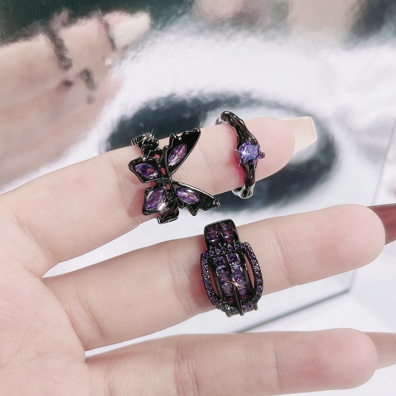 小众设计感暗黑皮带扣紫钻蝴蝶开口戒指女时尚个性甜酷潮精致指环