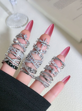 老钱风轻奢高级感交叉排钻开口戒指女潮流冷淡风重工时尚叠戴指环