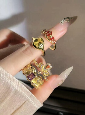 夏夜紫藤个性鸢尾花水滴皇冠几何开口戒指女欧美潮流时尚复古指环