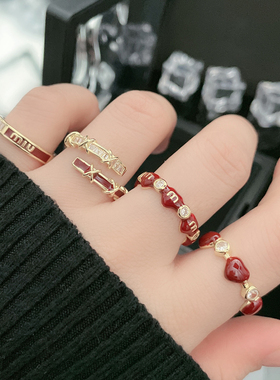 复古新款红色滴釉爱心开口戒指女小众轻奢个性高级感甜酷百搭指环