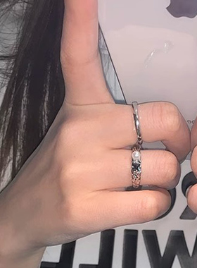 个性简约黑色锆石珍珠素圈开口戒指女小众ins冷淡风高级感指环潮