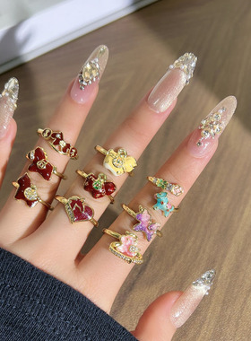 马年爆款珐琅彩红色珐琅小马开口戒指小众设计感轻奢甜酷少女指环