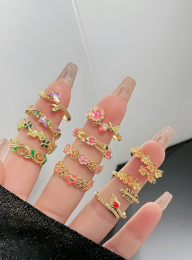 复古精致花朵叶子滴釉时尚开口戒指女宫廷风简约气质高级感食指戒