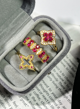 精致小众轻奢欧美新款戒指女转运四叶草红色锆石时尚冷淡风食指戒