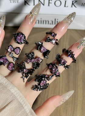 粉钻迷蝶甜酷暗黑风荆棘爱心蝴蝶开口戒指女小众设计感潮搭食指戒