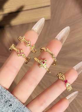 玲珑古韵宫廷风细圈拉丝叠戴显白开口戒女几何时尚轻奢高级感指环